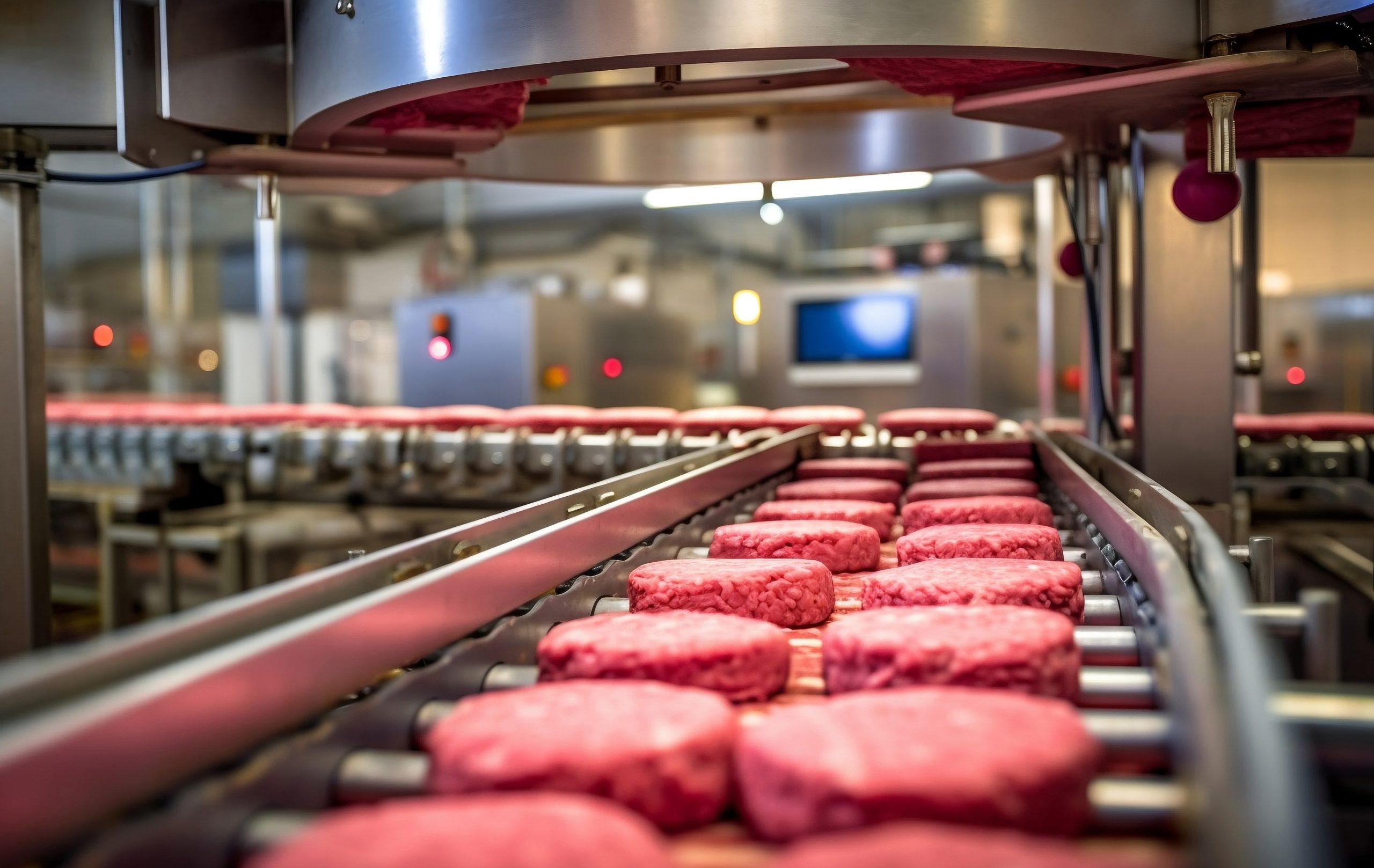 Ein Förderband mit Frikadellen Patties wird in der Lebensmitteltechnik mit PFPE Schmierstoffen von Völkel leichtgängig gehalten